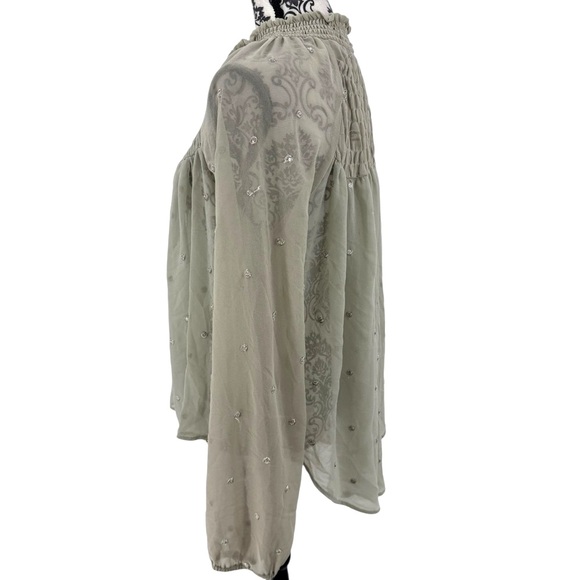 Free People Ready To Run Embellished Smocked Sheer Blouse Grey Mist Boho Chic - Picture 10 of 13